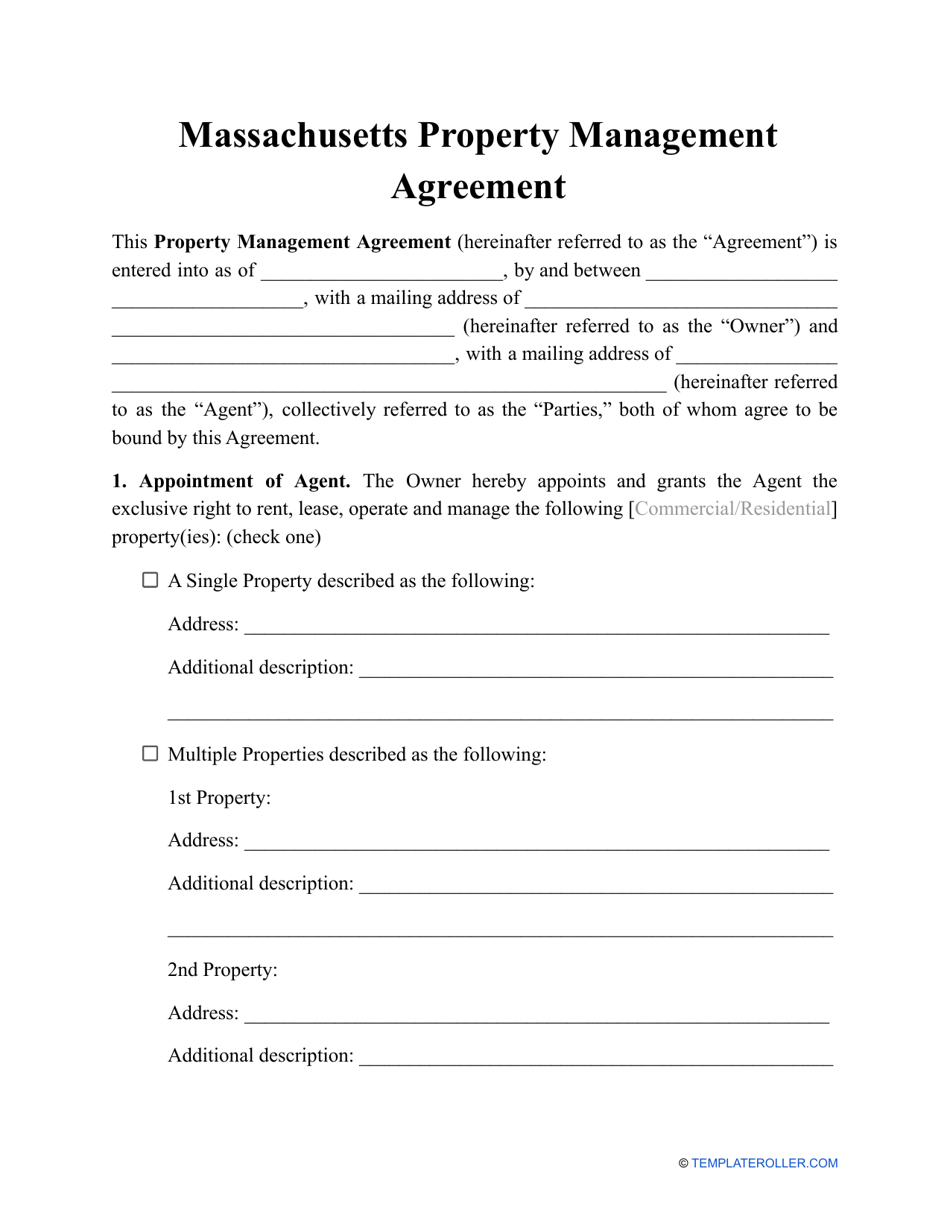 Property Management Agreement Template - Massachusetts, Page 1