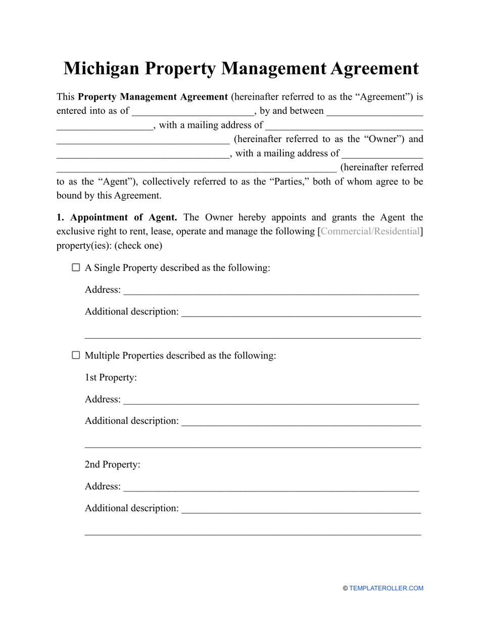 Property Management Agreement Template - Michigan, Page 1