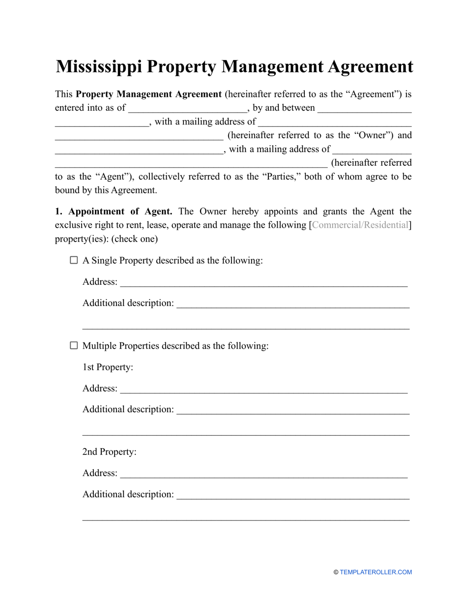 Property Management Agreement Template - Mississippi, Page 1