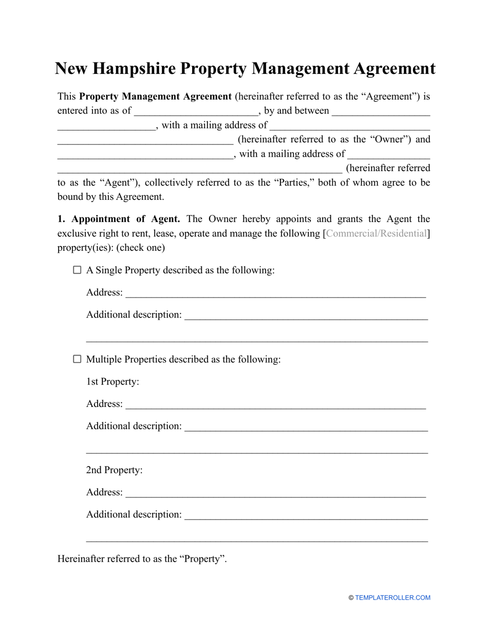 Property Management Agreement Template - New Hampshire, Page 1