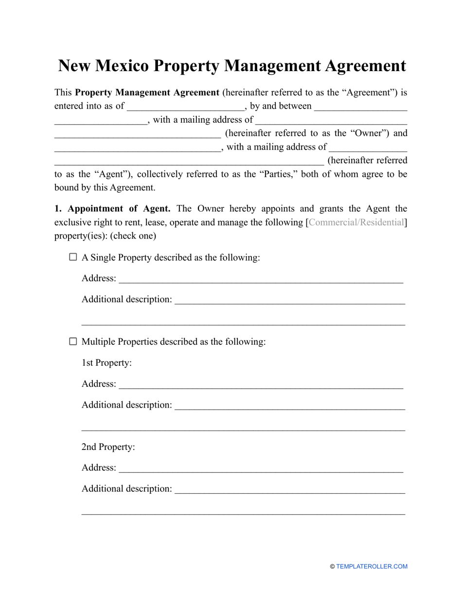 Property Management Agreement Template - New Mexico, Page 1