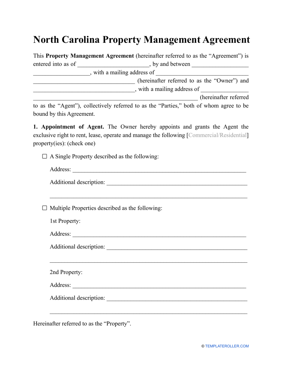 North Carolina Property Management Agreement Template Fill Out, Sign