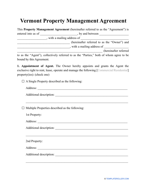 Property Management Agreement Template - Vermont Download Pdf