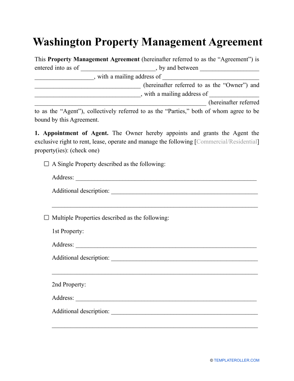 Property Management Agreement Template - Washington, Page 1