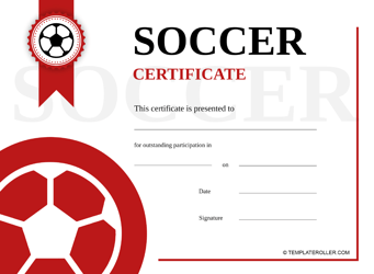 Document preview: Soccer Certificate Template - Red