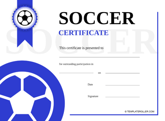Document preview: Soccer Certificate Template - Blue