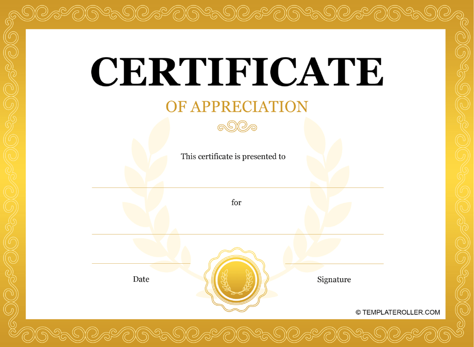 Certificate of Appreciation Template - Gold Download Printable PDF ...