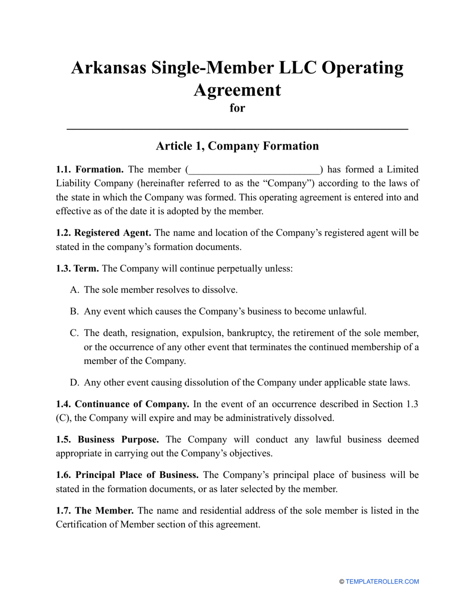 Single-Member LLC Operating Agreement Template - Arkansas, Page 1