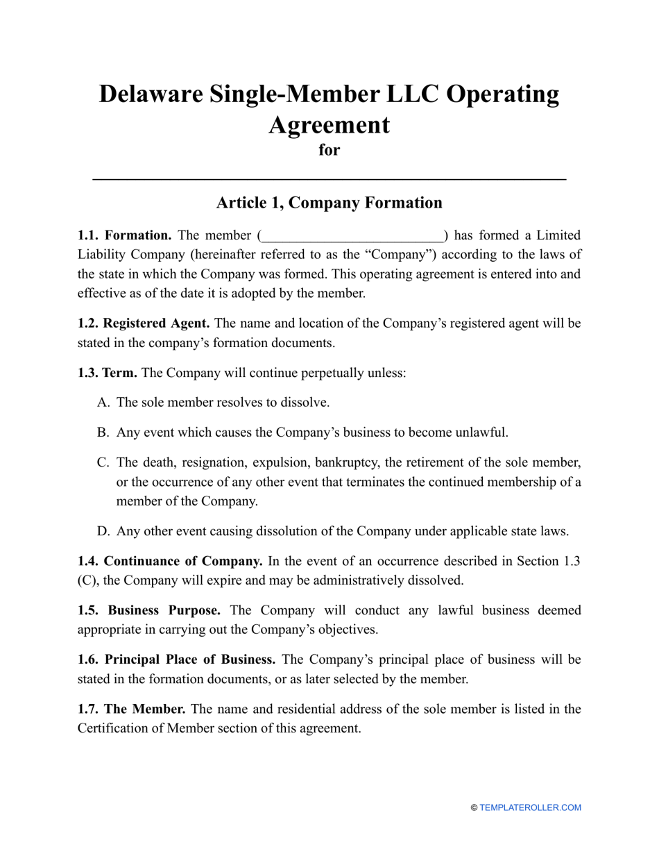 Single-Member LLC Operating Agreement Template - Delaware, Page 1