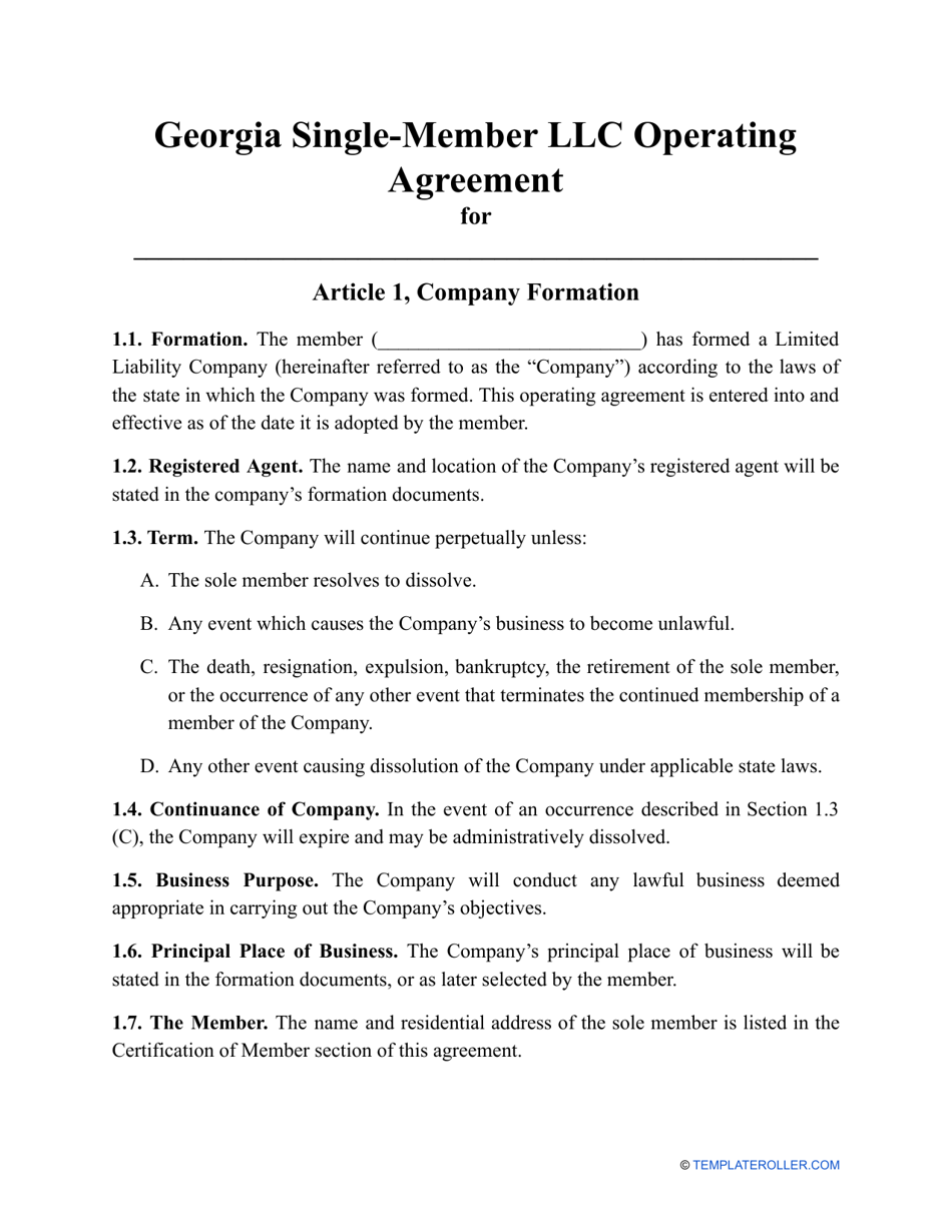 Single-Member LLC Operating Agreement Template - Georgia (United States), Page 1