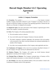 Document preview: Single-Member LLC Operating Agreement Template - Hawaii