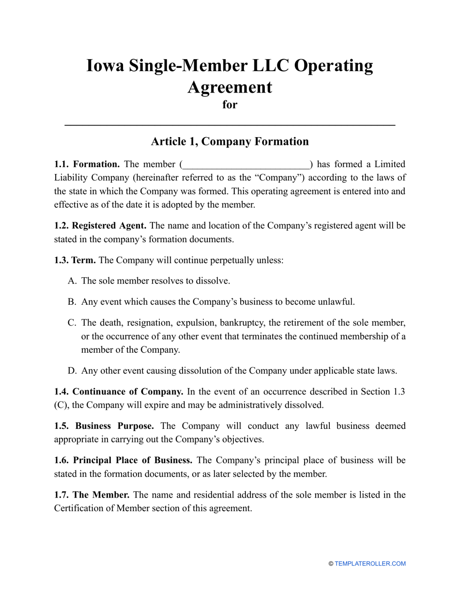Single-Member LLC Operating Agreement Template - Iowa, Page 1