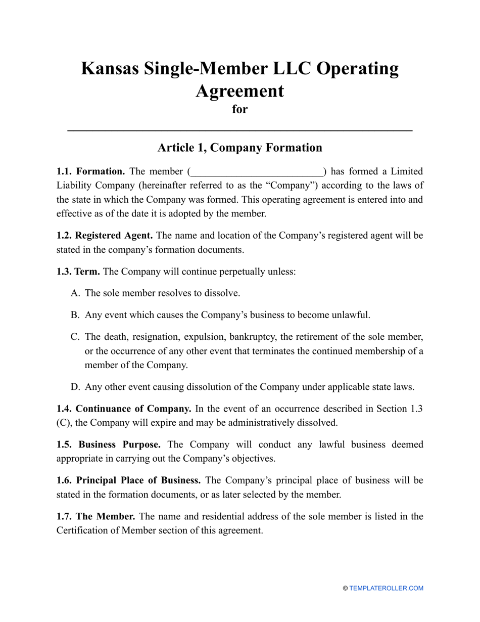 Kansas SingleMember LLC Operating Agreement Template Fill Out, Sign