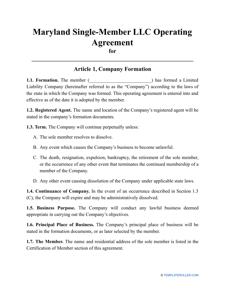 Maryland SingleMember LLC Operating Agreement Template Fill Out