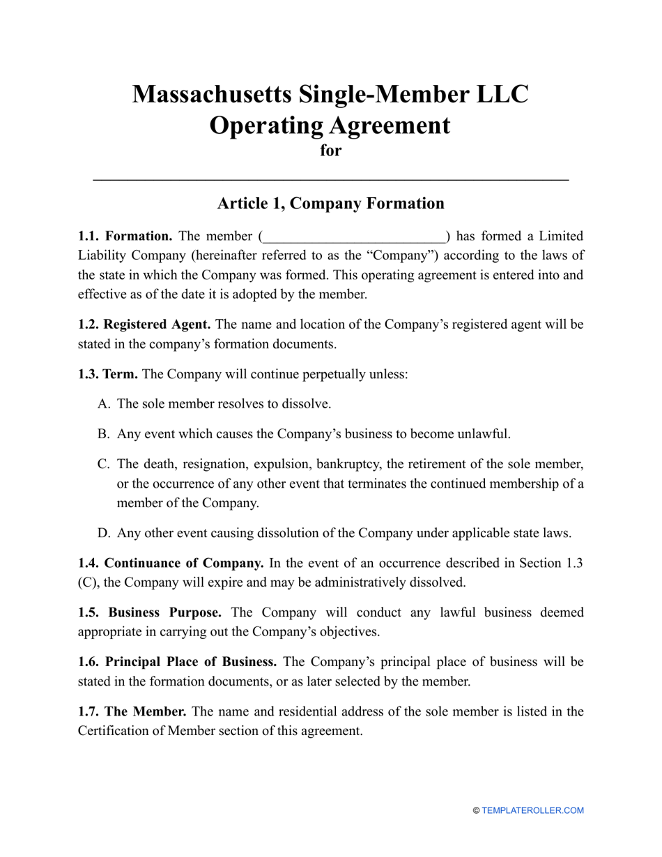 Single-Member LLC Operating Agreement Template - Massachusetts, Page 1
