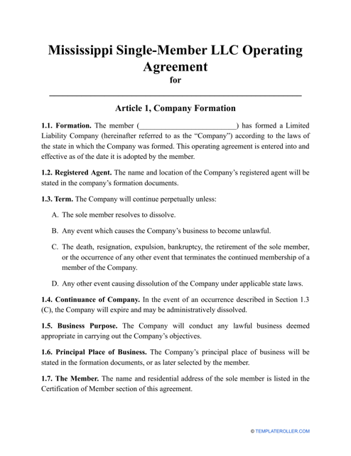 Single-Member LLC Operating Agreement Template - Mississippi