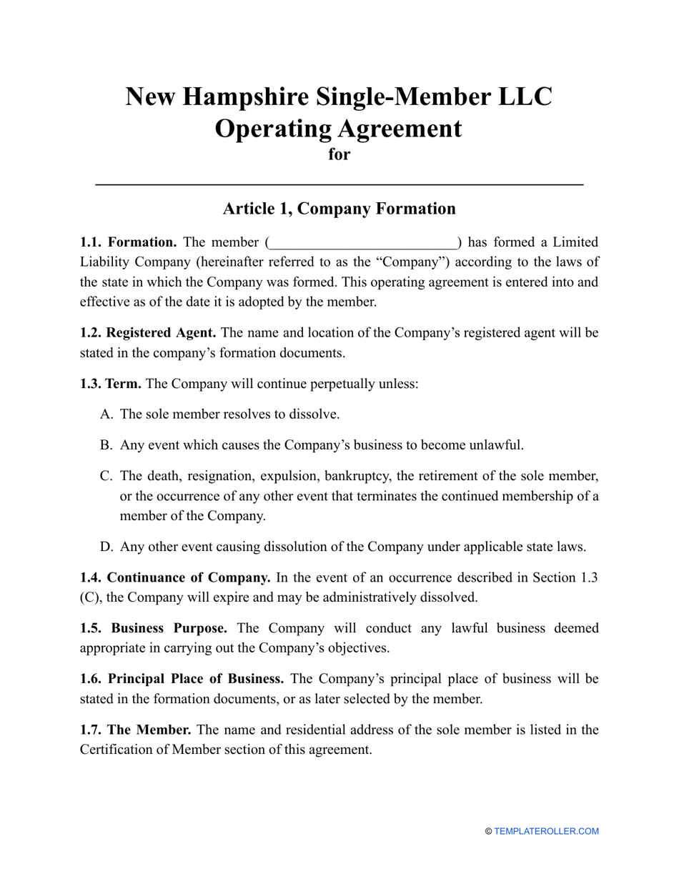 Single-Member LLC Operating Agreement Template - New Hampshire, Page 1