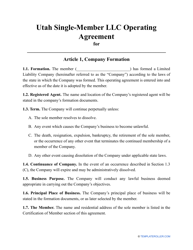 Document preview: Single-Member LLC Operating Agreement Template - Utah