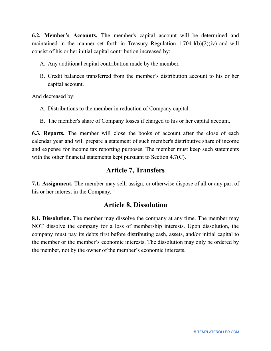 Single-Member LLC Operating Agreement Template - Vermont, Page 5