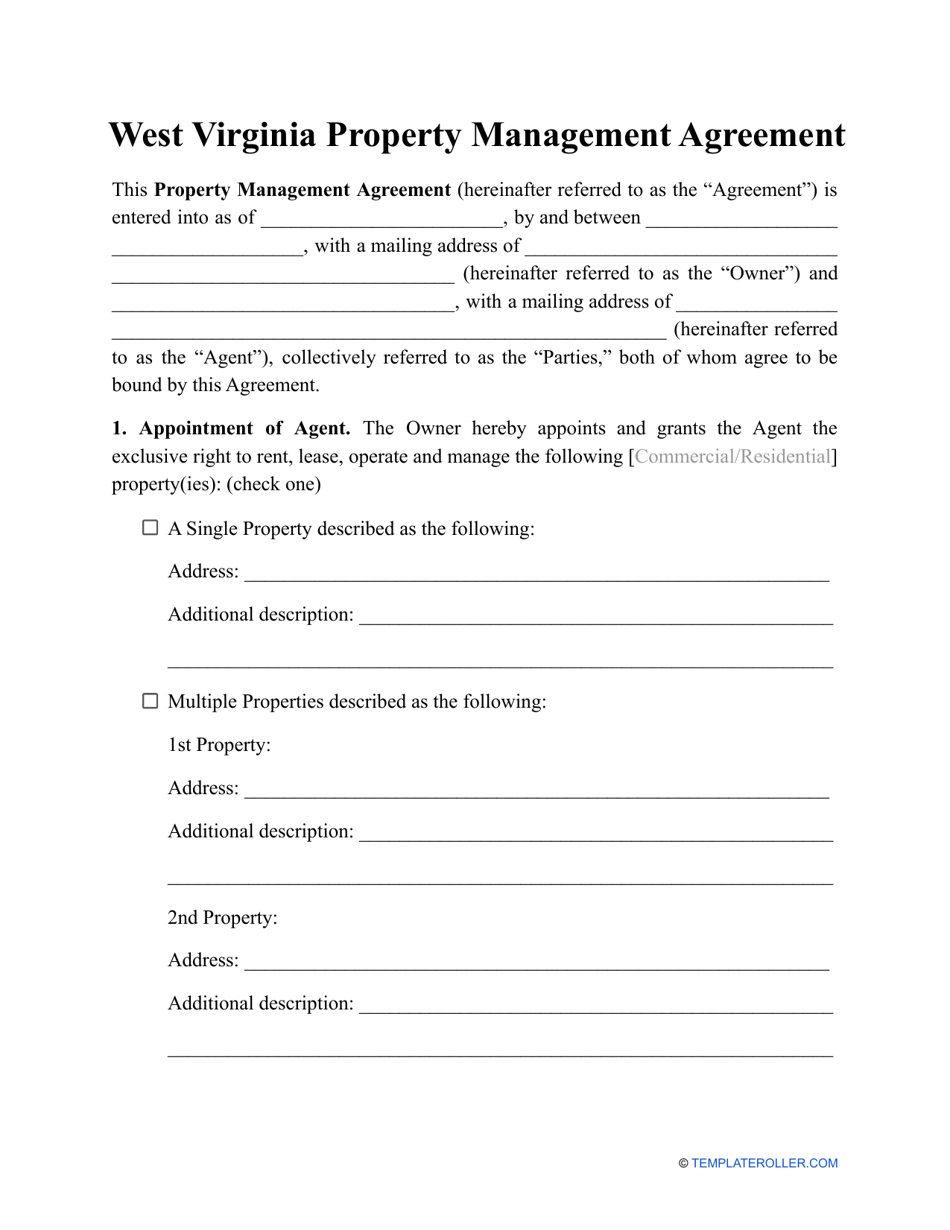 Property Management Agreement Template - West Virginia, Page 1
