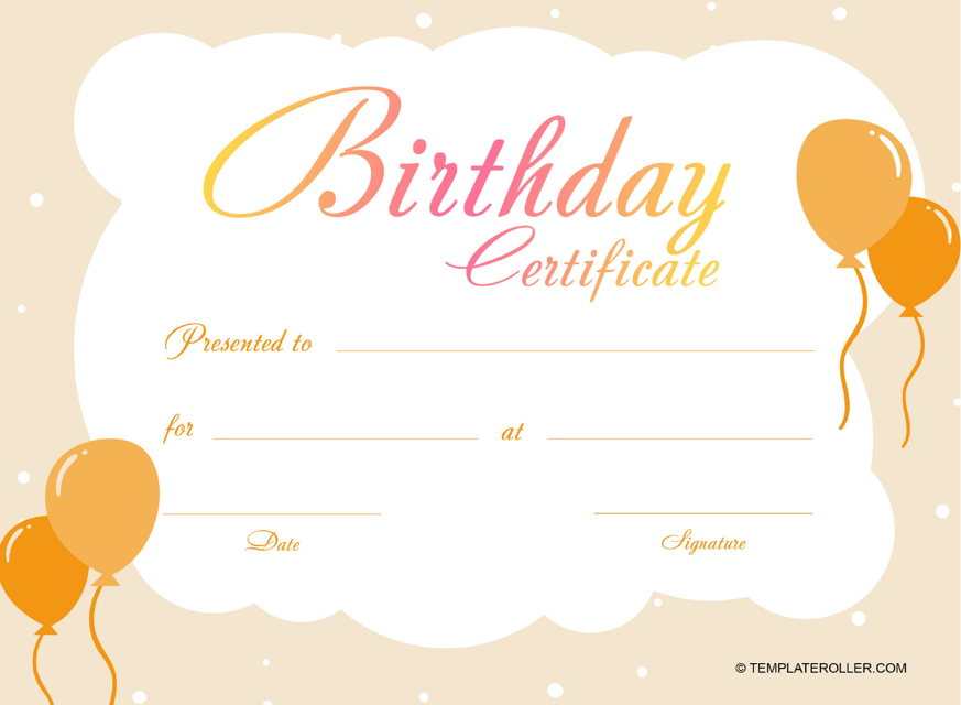 &quot;Birthday Certificate Template - Orange&quot; Download Pdf