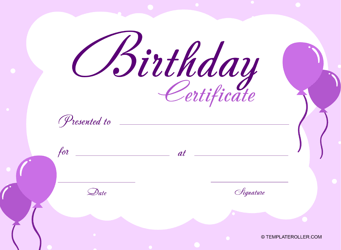 Document preview: Birthday Certificate Template - Violet