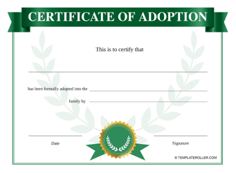 Document preview: Certificate of Adoption Template - Green