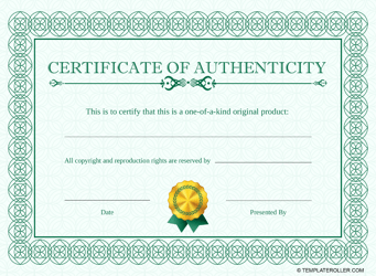 Document preview: Certificate of Authenticity Template - Green