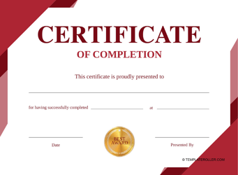 Document preview: Certificate of Completion Template - Red