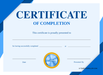 Document preview: Certificate of Completion Template - Blue