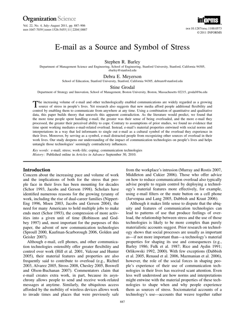 E-Mail as a Source and Symbol of Stress - Stephen R. Barley, Debra E. Meyerson, Stine Grodal