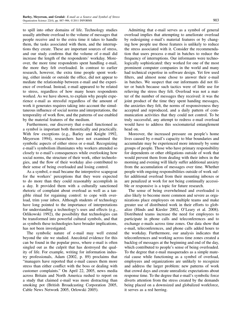 E-Mail as a Source and Symbol of Stress - Stephen R. Barley, Debra E. Meyerson, Stine Grodal, Page 17