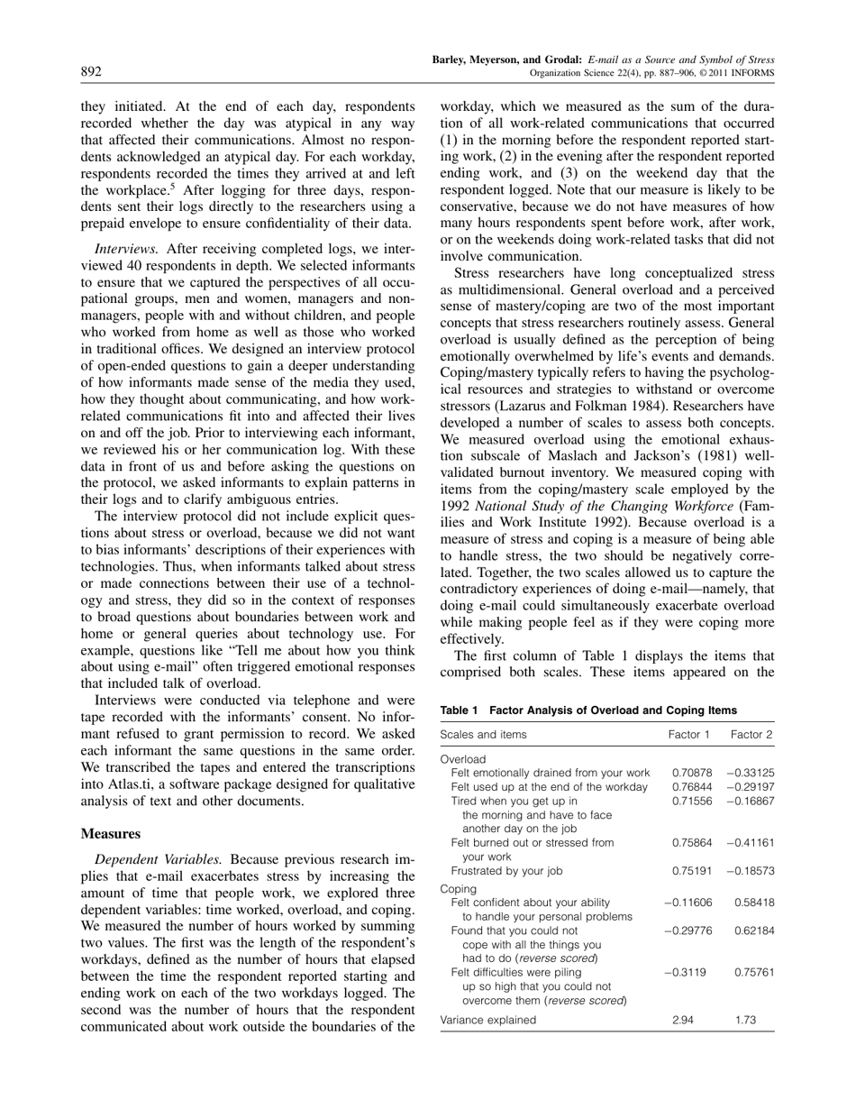 E-Mail as a Source and Symbol of Stress - Stephen R. Barley, Debra E. Meyerson, Stine Grodal, Page 6
