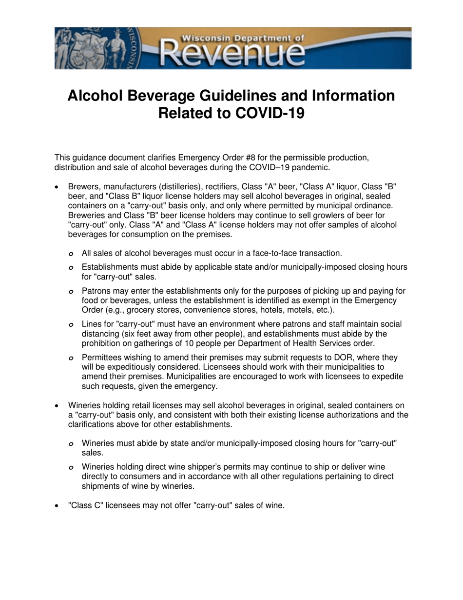 Form 100261 Alcohol Beverage Guidelines and Information Related to Covid-19 - Wisconsin, Page 1