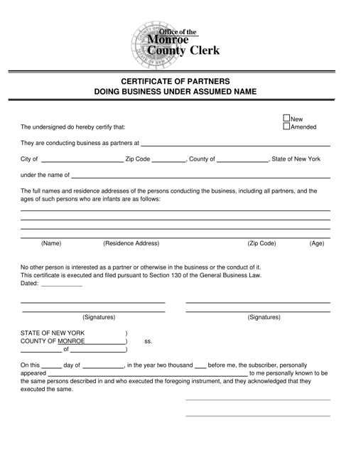 Certificate of Partners Doing Business Under Assumed Name - Monroe County, New York Download Pdf
