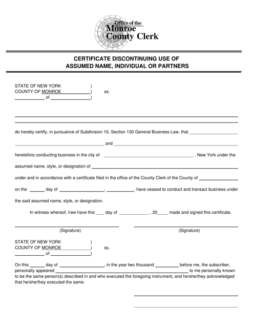 Certificate Discontinuing Use of Assumed Name, Individual or Partners - Monroe County, New York Download Pdf