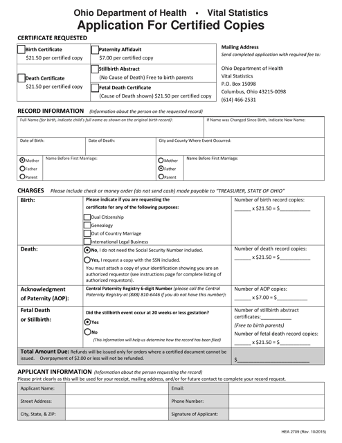 Form HEA2709 Application for Certified Copies - Ohio