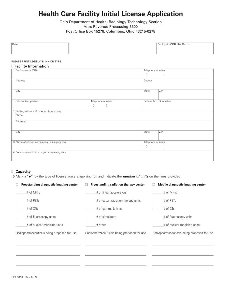 Form HEA5134 Health Care Facility Initial License Application - Ohio, Page 1