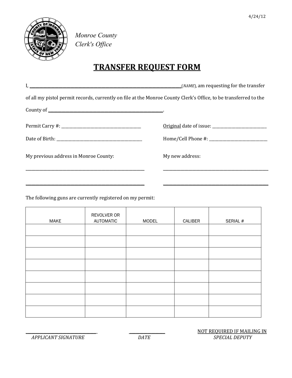Pistol Permit Transfer Request Form - Monroe County, New York, Page 1