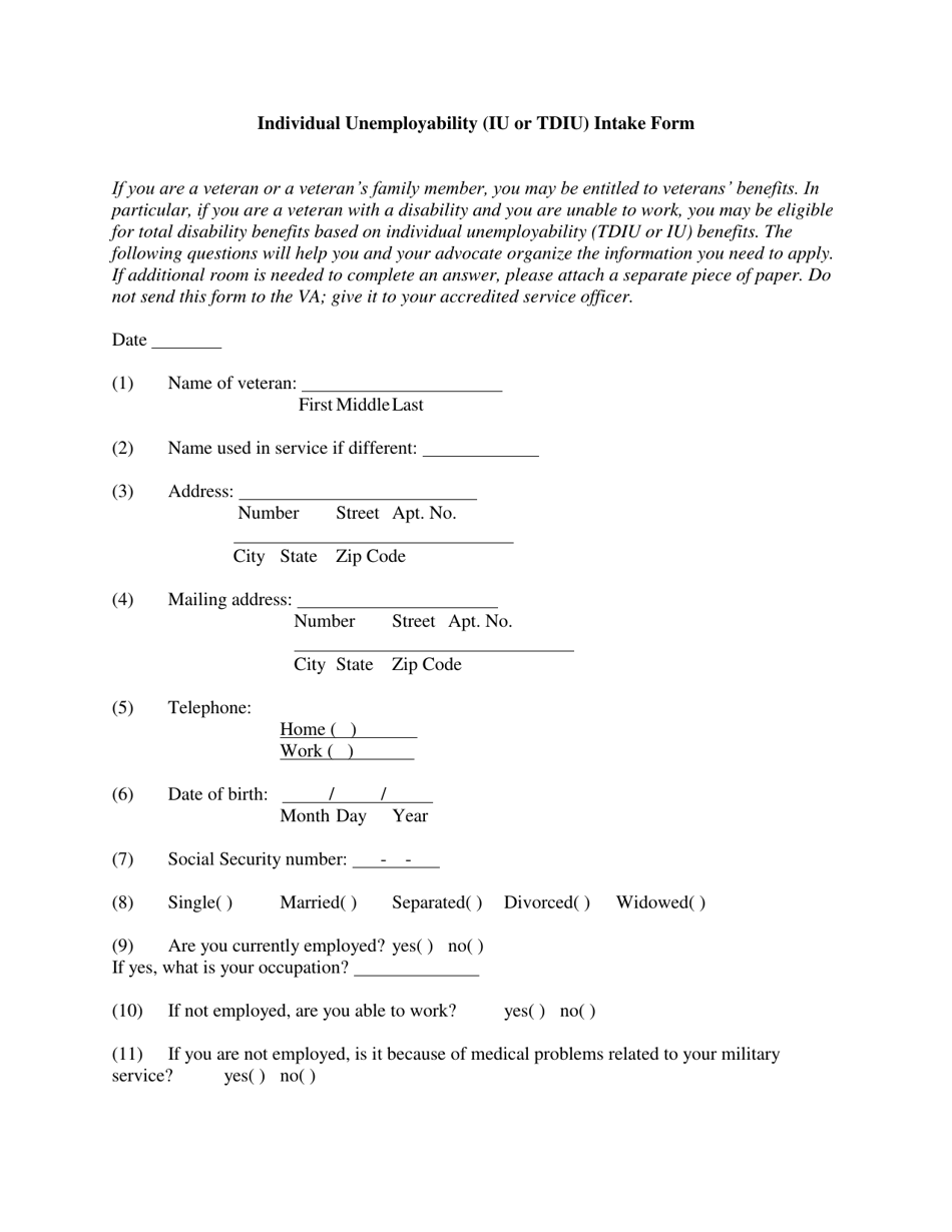 Individual Unemployability (Iu or Tdiu) Intake Form - North Dakota, Page 1