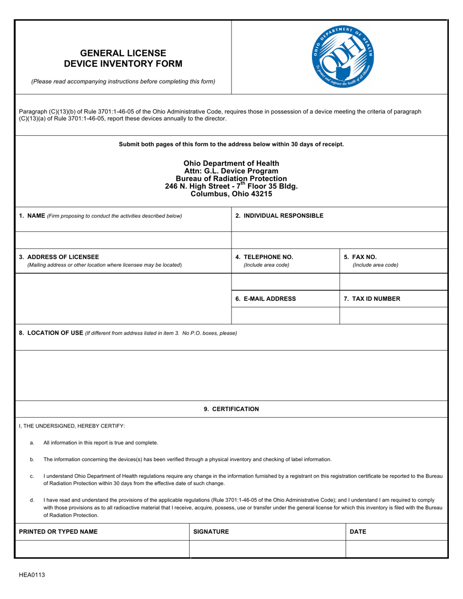Form HEA0113 General License Device Inventory Form - Ohio, Page 1