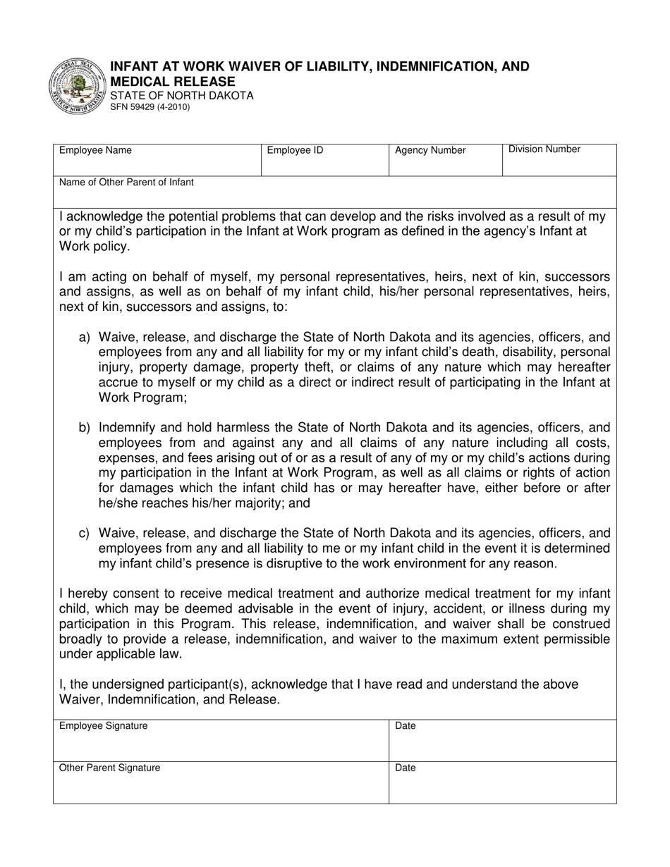 Form SFN59429 Infant at Work Waiver of Liability, Indemnification, and Medical Release - North Dakota, Page 1