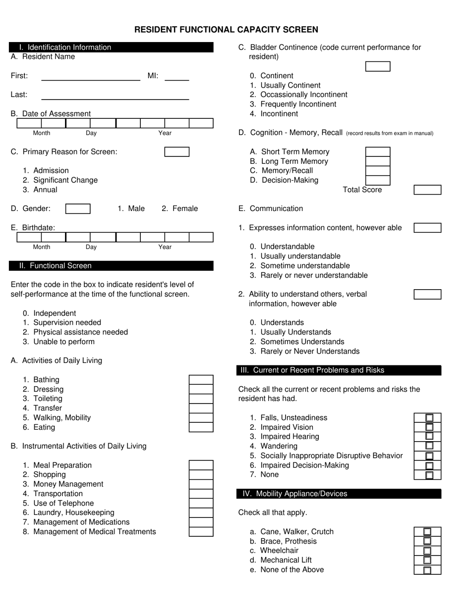 Resident Functional Capacity Screen - Kansas, Page 1