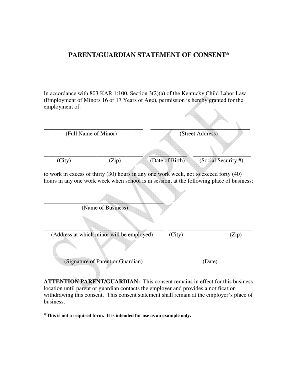 Parent / Guardian Statement of Consent - Sample - Kentucky, Page 1