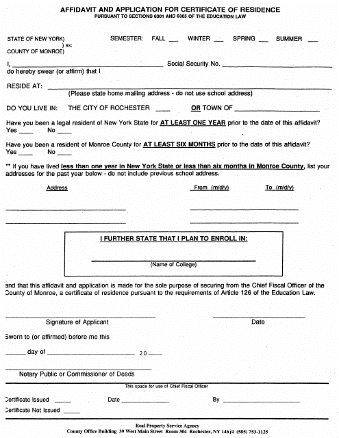 Affidavit and Application for Certificate of Residence Pursuant to Sections 6301 and 6305 of the Education Law - Monroe County, New York