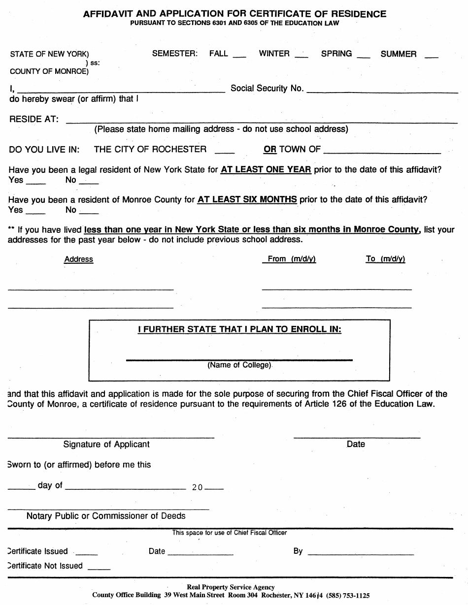 Monroe County New York Affidavit And Application For Certificate Of Residence Pursuant To 0269