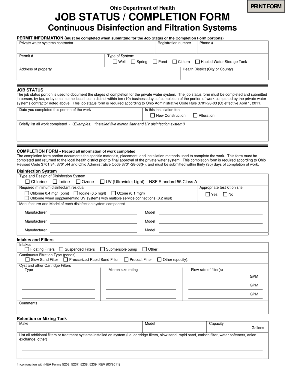 Job Status / Completion Form - Continuous Disinfection and Filtration Systems - Ohio, Page 1