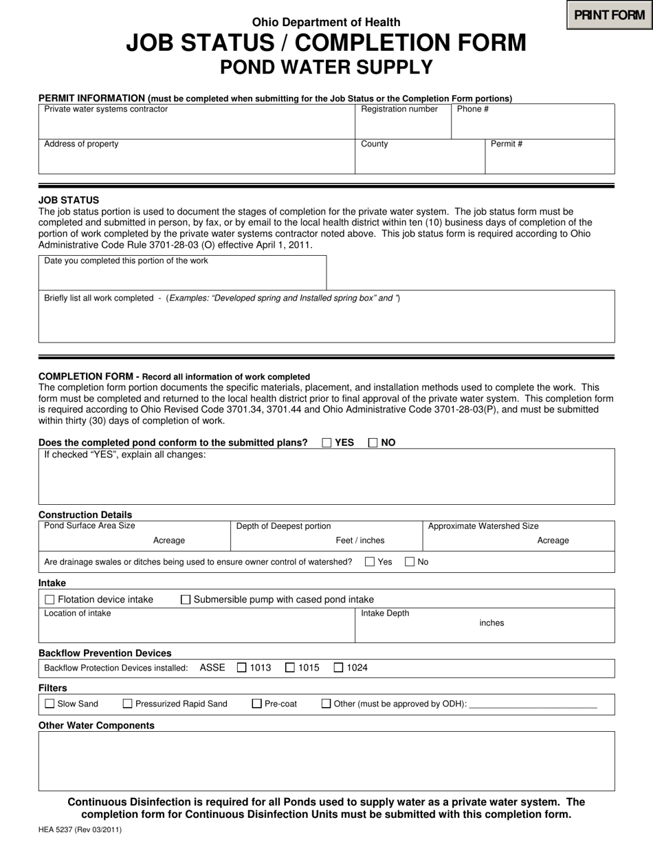 Form HEA5237 Job Status / Completion Form - Pond Water Supply - Ohio, Page 1