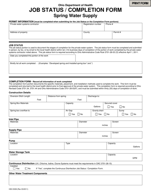 Form HEA5238 Job Status/Completion Form - Spring Water Supply - Ohio