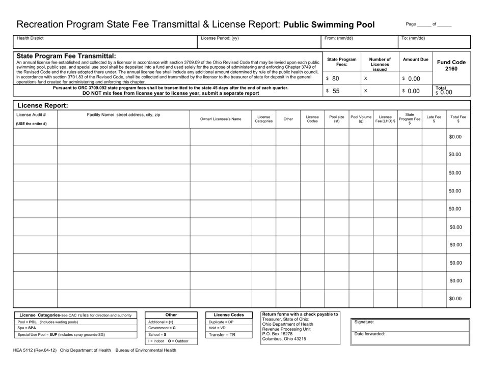 Form HEA5112 Recreation Program State Fee Transmittal  License Report: Public Swimming Pool - Ohio, Page 1